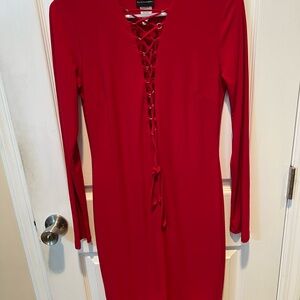 Chic Red Lace-Up Long Sleeve Dress